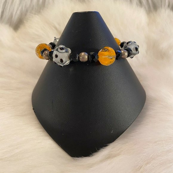 BLack Orange Polka Dot Bead Bracelet Silver Tone Metal Toggle Clasp 6203 - Picture 1 of 8